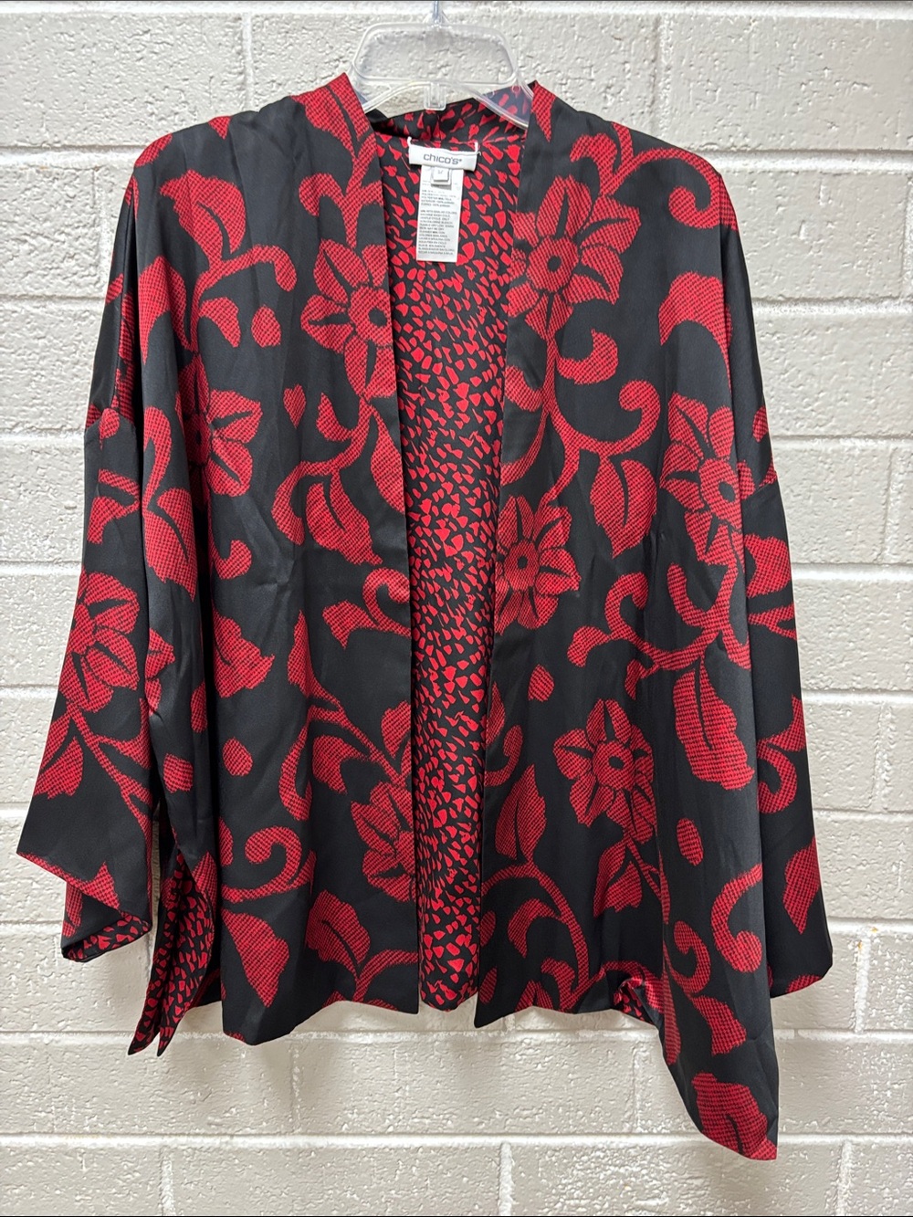 Chico's Black Open-Front Reversible Short Kimono Red Floral Print